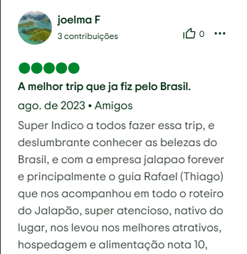 Print de avaliação de Joelma F sobre a Jalapão Forever